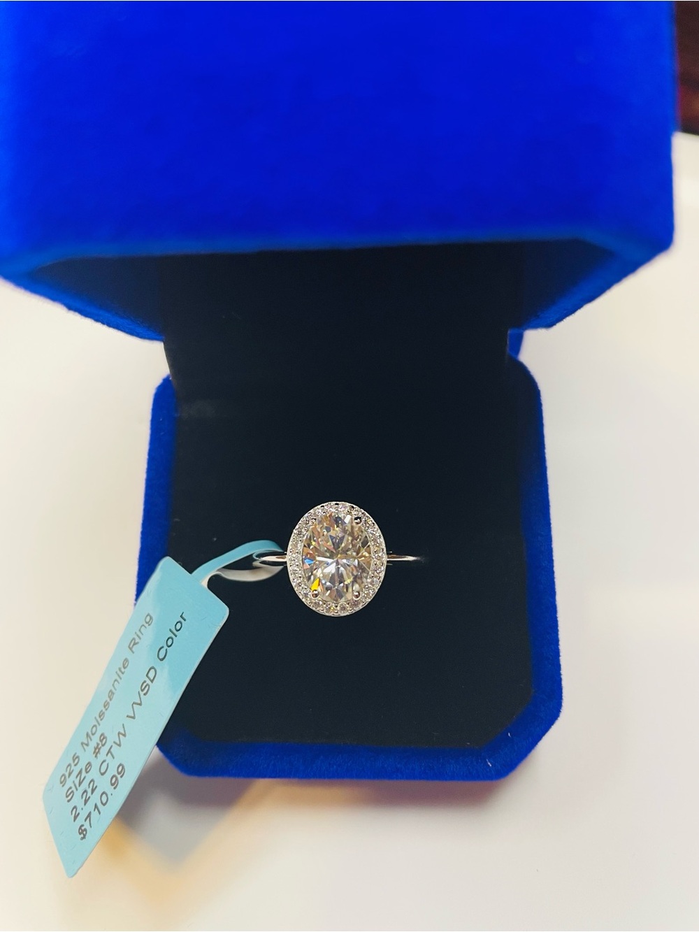 Oval Moissanite Halo Solitaire Ring in Sterling Silver-passes Diamond test.